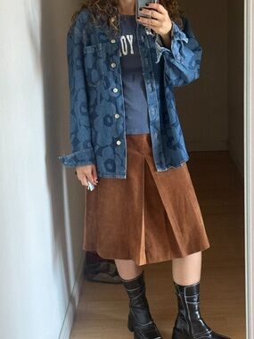 INC Genuine Soft Suede Cognac Retro Glamour Lined Zip A Line Midi Skirt 4 NWT
